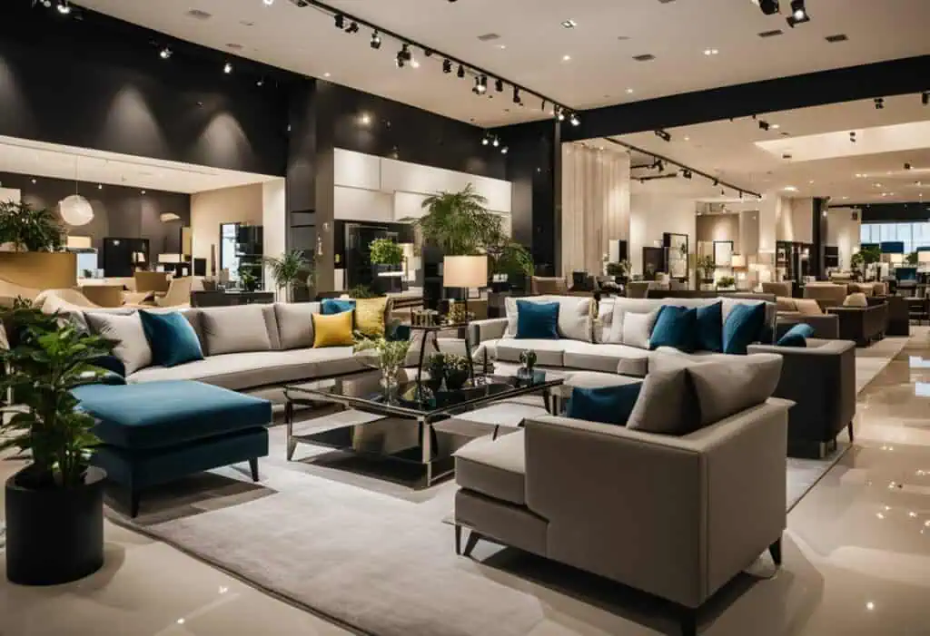 Elegant sofa set with colorful cushions in a spacious showroom.