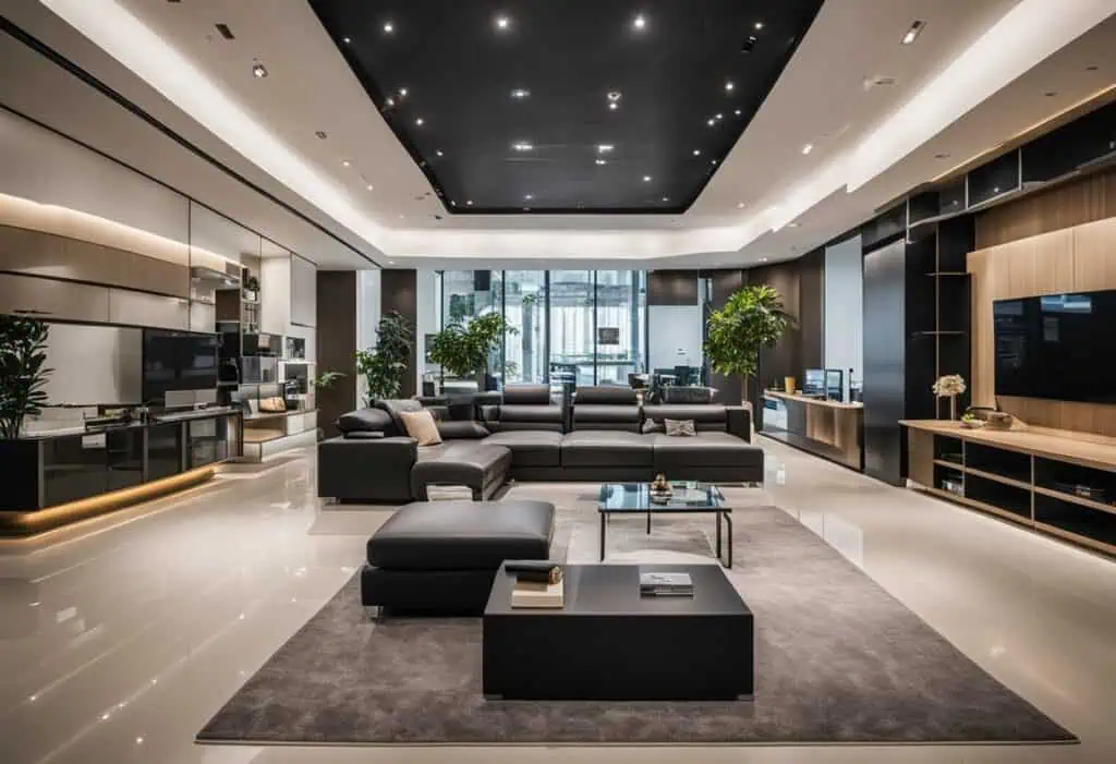 Elegant modern living room featuring stylish sofas, coffee table, and contemporary decor for a luxur.