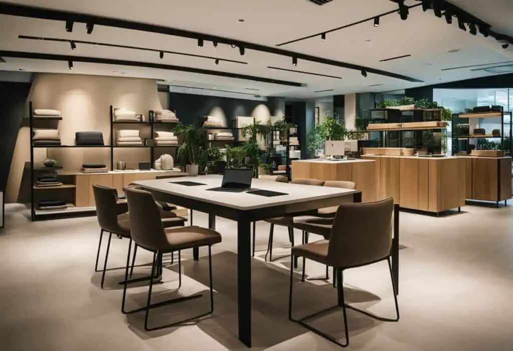 Modern furniture display with stylish tables and chairs in a large showroom.