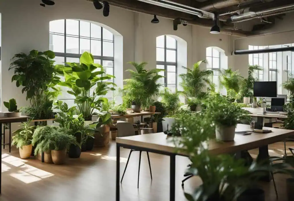 Modern office with lush indoor plants and natural light for a biophilic workspace.