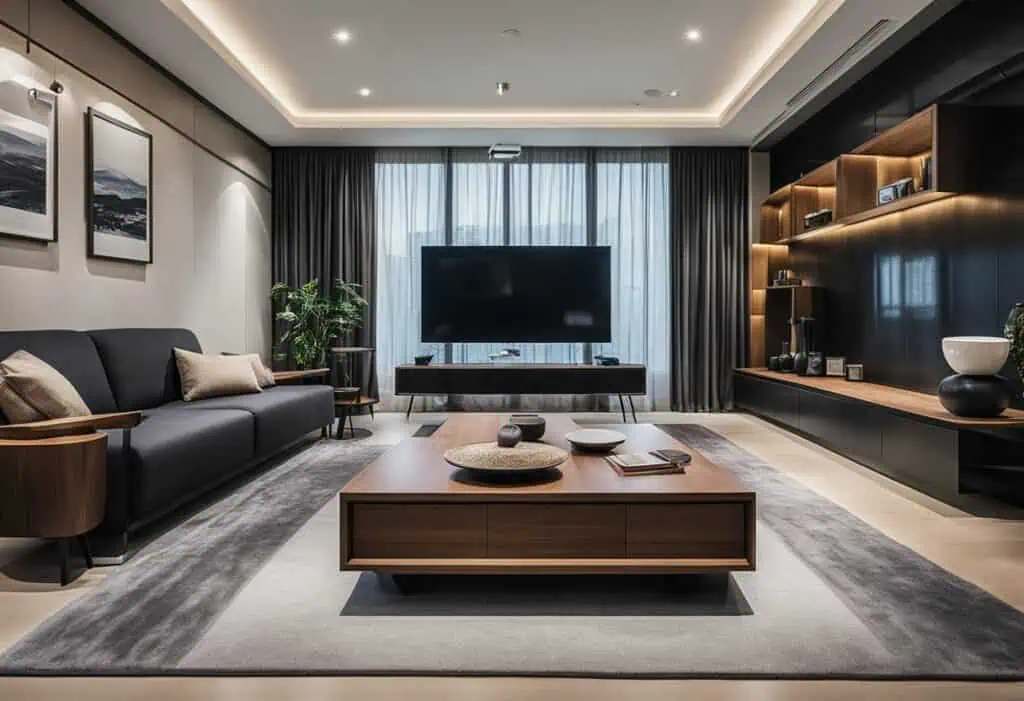 Elegant walnut and black furniture in a contemporary living room setting in Singapore.