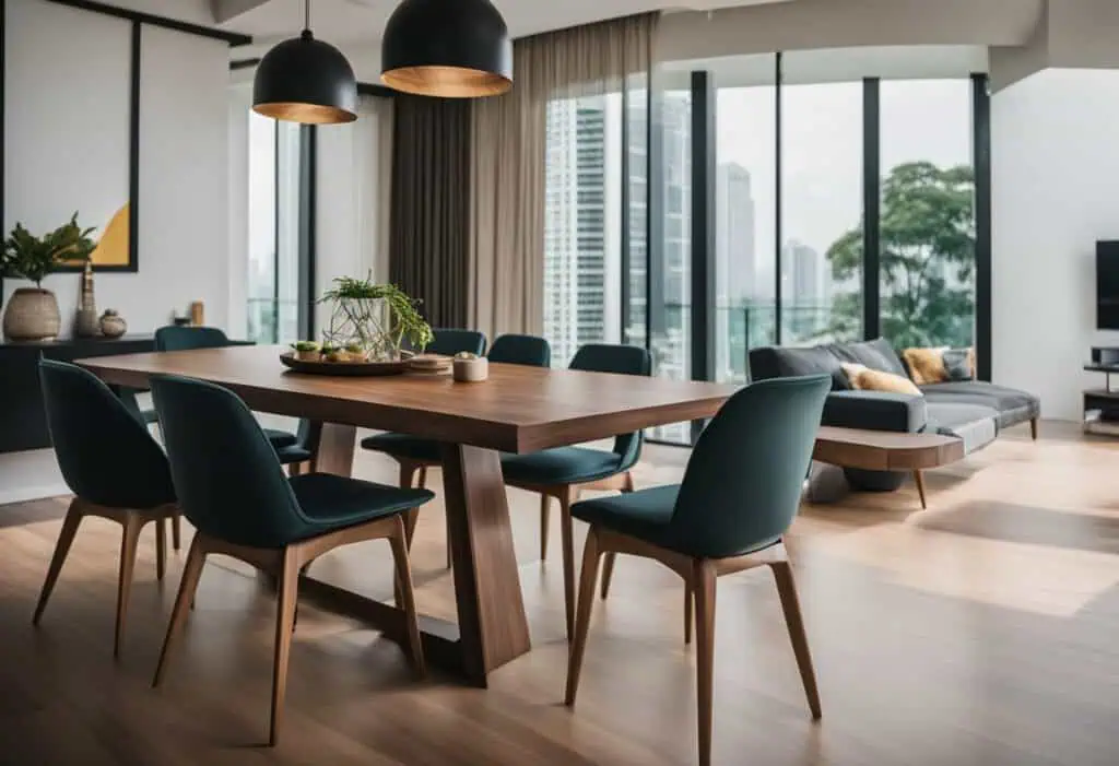 Elegant black walnut dining table with matching chairs in a contemporary apartment.