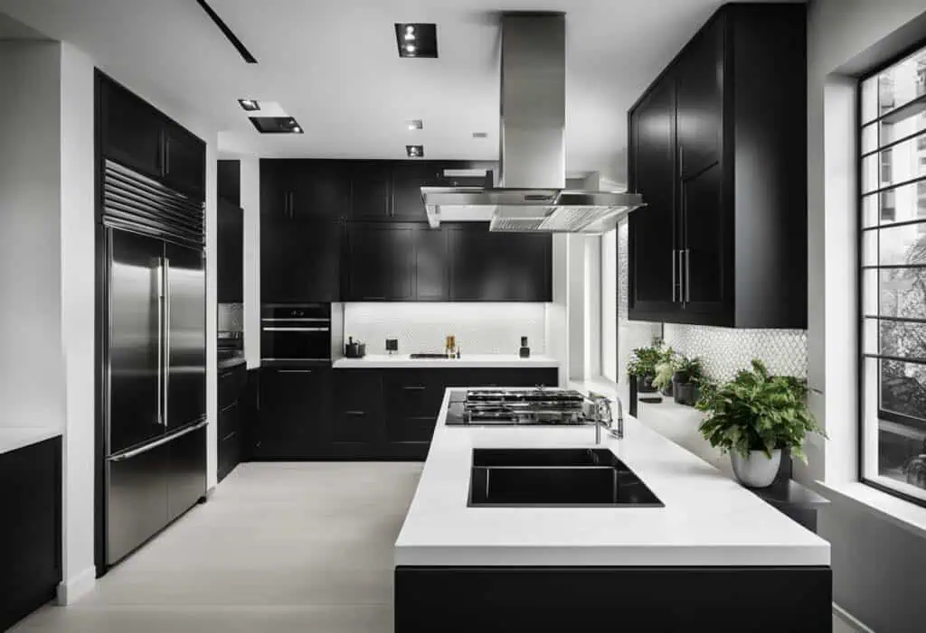 Elegant black and white kitchen with modern appliances and sleek cabinetry.