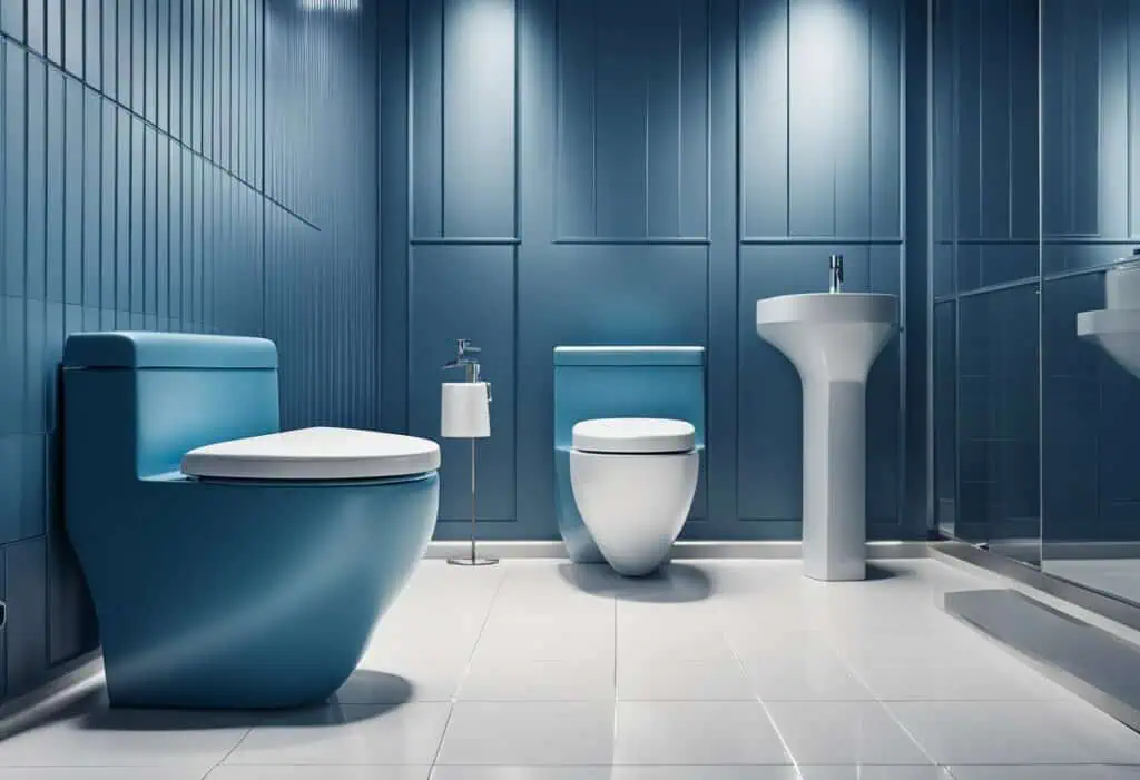 Blue toilet with modern design in a sleek bathroom setting.