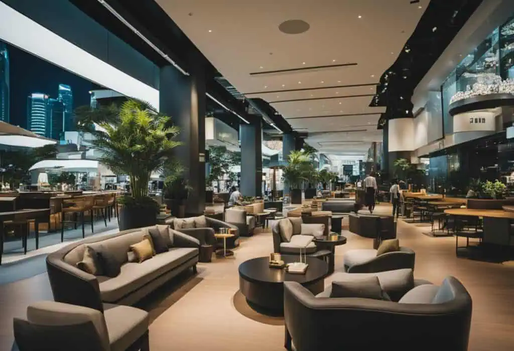 Elegant lounge area featuring contemporary furniture and large windows in Singapore.