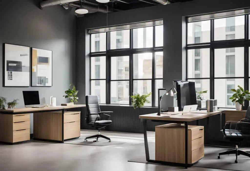 Elegant office design with sleek desks and ergonomic chairs in a stylish, well-lit workspace.