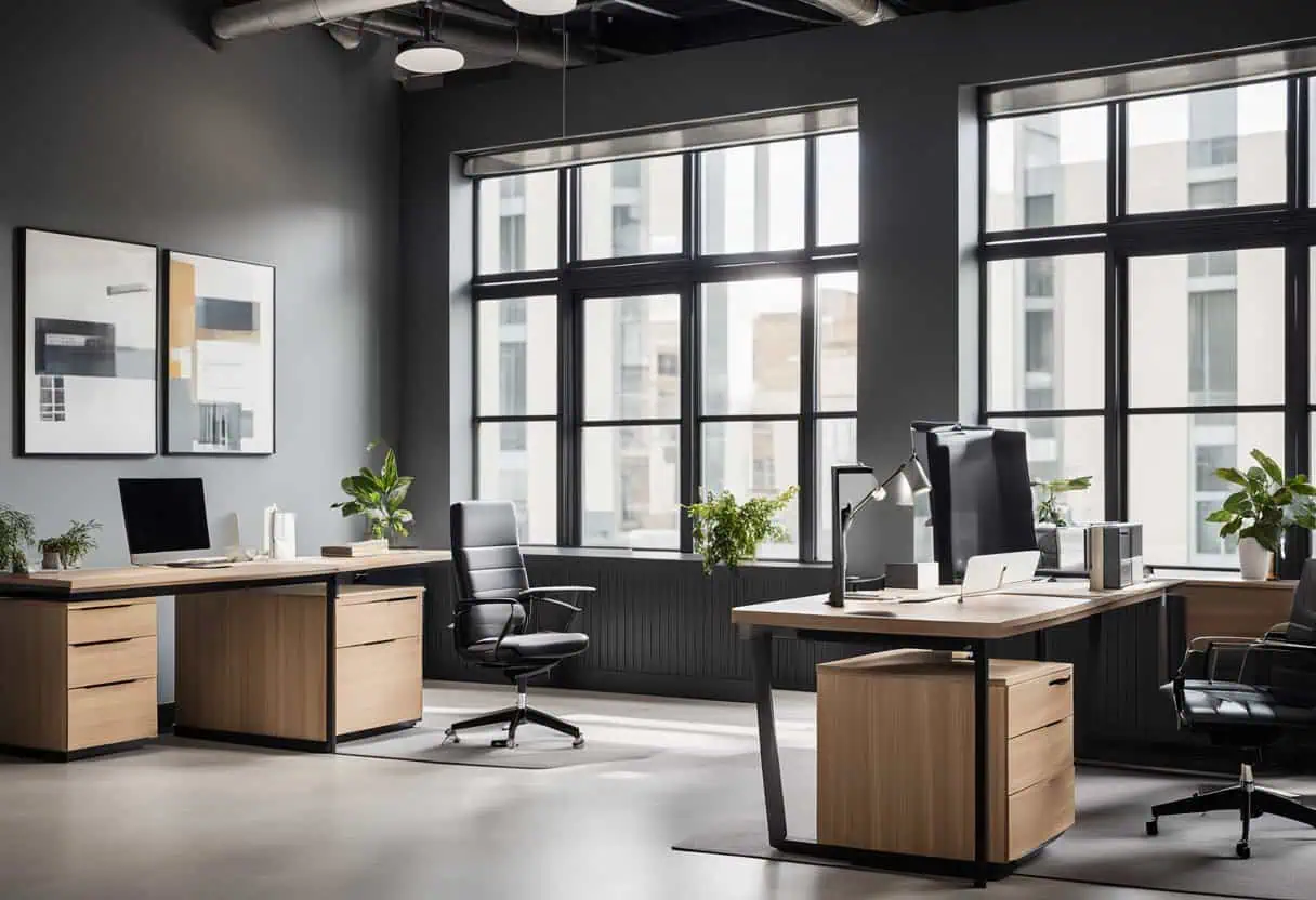 Elegant office design with sleek desks and ergonomic chairs in a stylish, well-lit workspace.