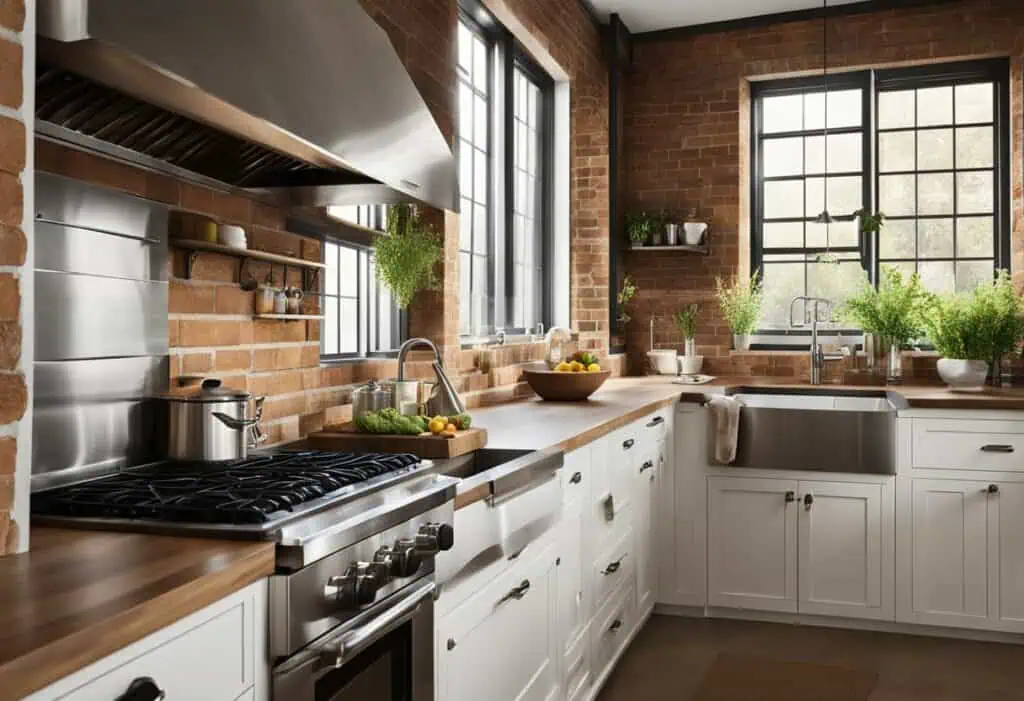 Beautiful rustic kitchen featuring exposed brick walls and modern white cabinetry. Perfect for warm,.