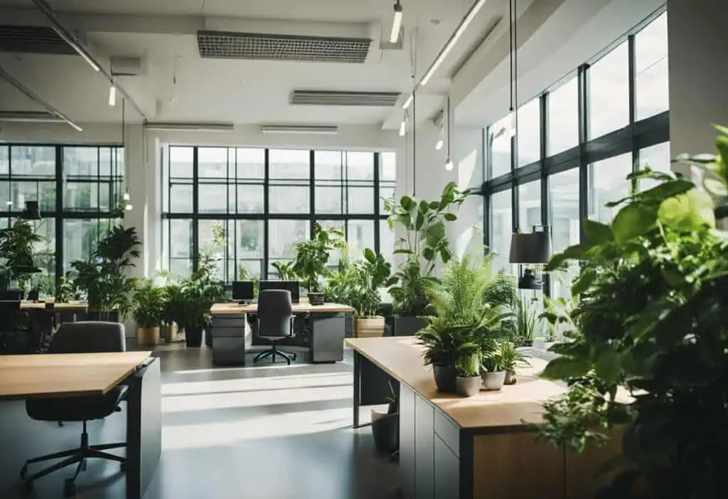 Bright office space with large windows, lush green plants, and modern furniture promoting productivi.
