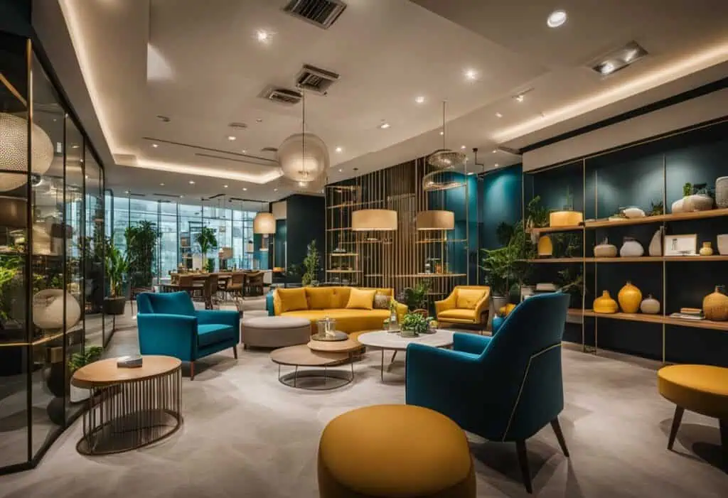 Elegant contemporary furniture with vibrant blue and yellow accents in a luxurious lounge setting.