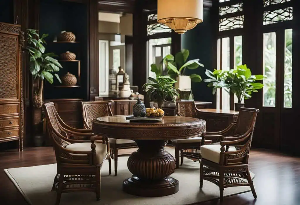 Classic British Colonial dining room with wooden furniture and lush greenery.