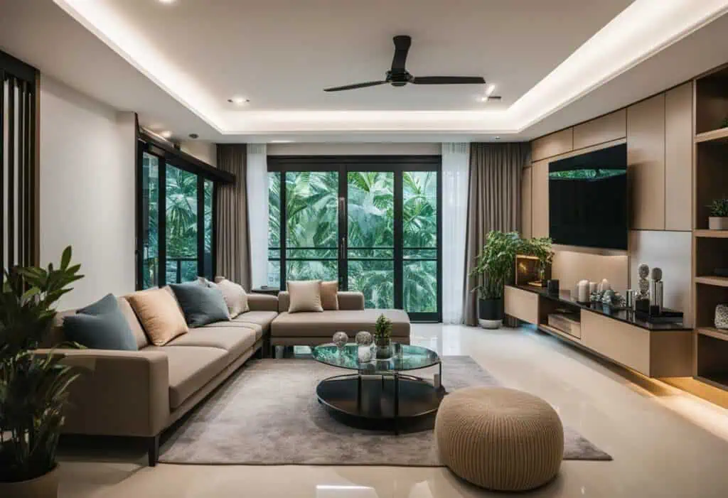 Spacious living room featuring large windows, stylish furniture, and lush greenery outside, perfect.