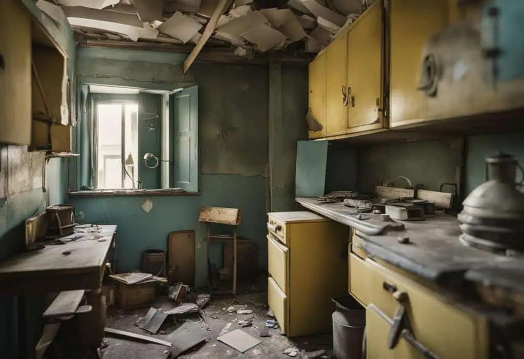 Old, neglected kitchen with broken cabinets and debris.
