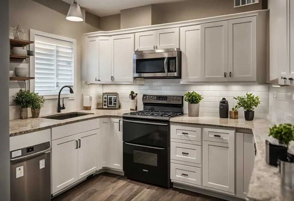 Affordable kitchen renovation with modern white cabinets and black appliances.