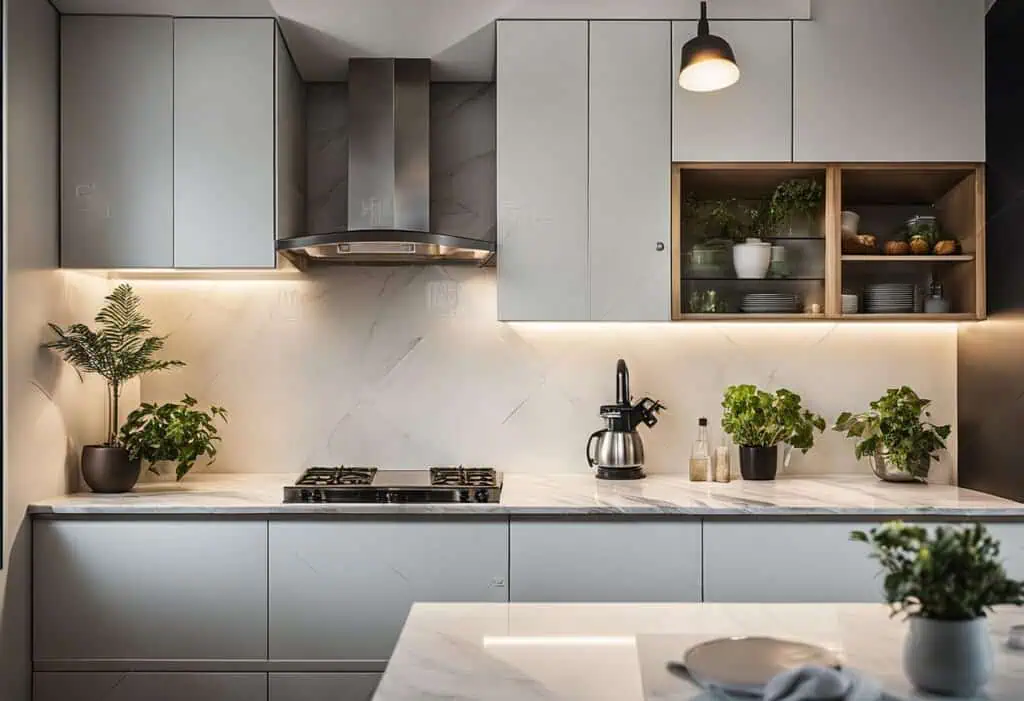 Sleek, modern kitchen with minimalist cabinetry and open shelving in Singapore.