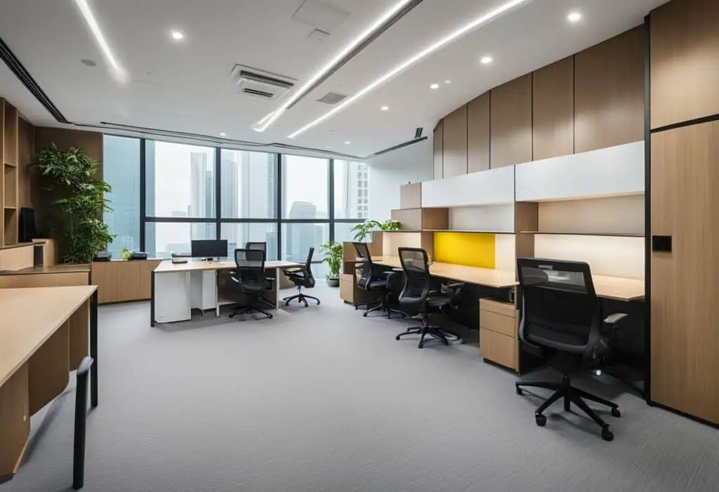 Office workspace with modern furniture and ample natural light, ideal for budget-friendly office ren.
