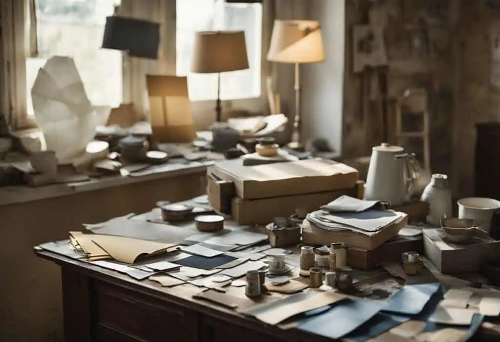 Vintage workspace with scattered papers and art supplies for budget home renovation ideas.