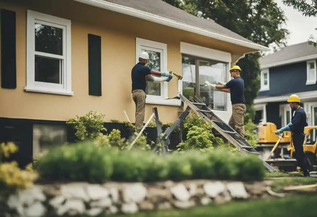 Construction workers renovating a house exterior with tools and safety gear.