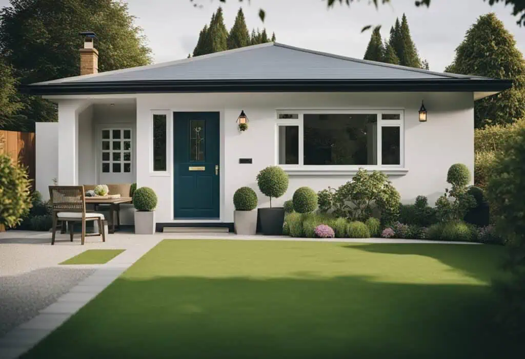 Beautiful white bungalow with a blue door and lush green lawn.