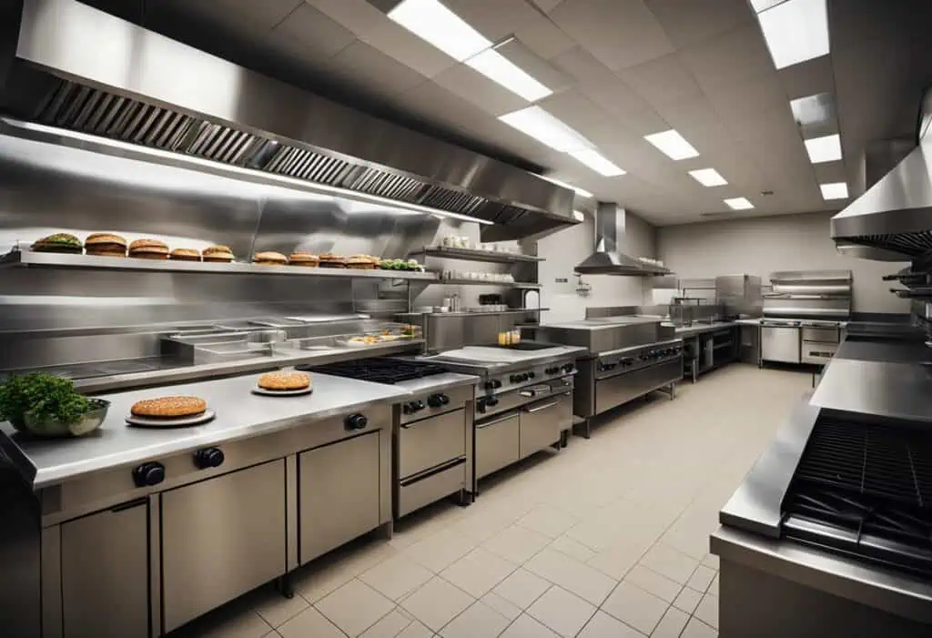 Efficient commercial kitchen with stainless steel appliances and ample workspace for burger preparat.