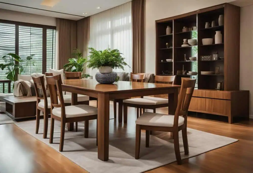 Burmese teak furniture, dining table, and chairs in a stylish Singapore interior setting.