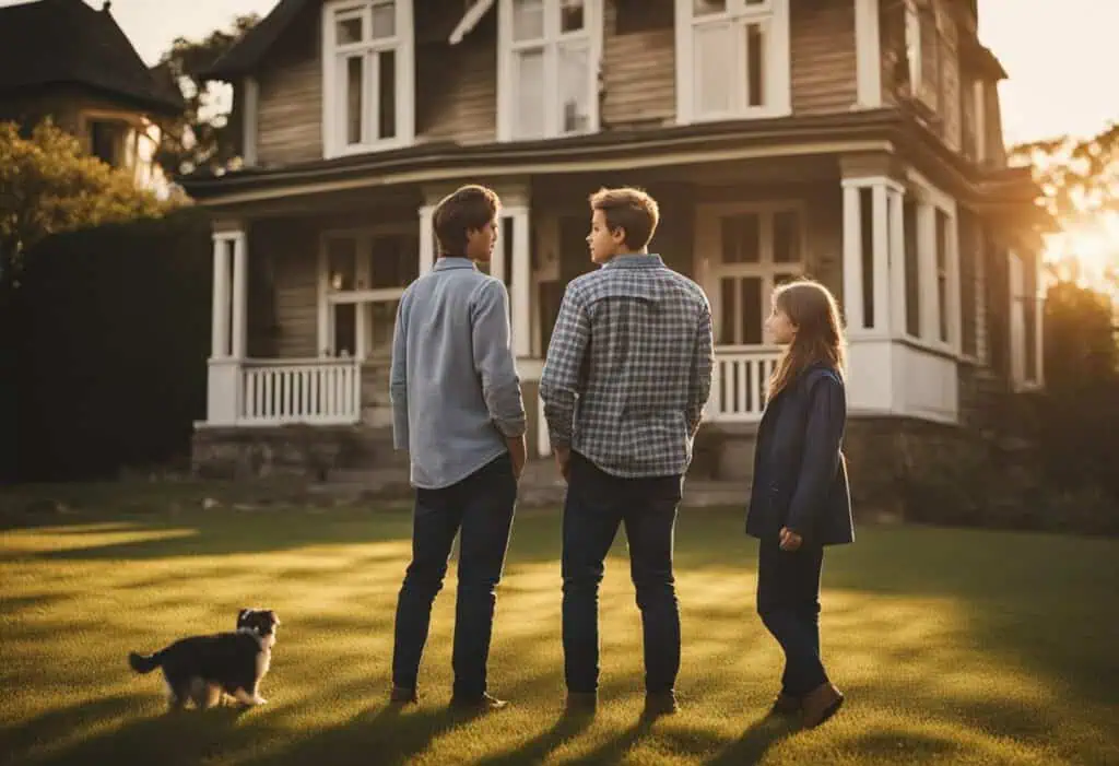 Beautiful family discussing home options outdoors at sunset.