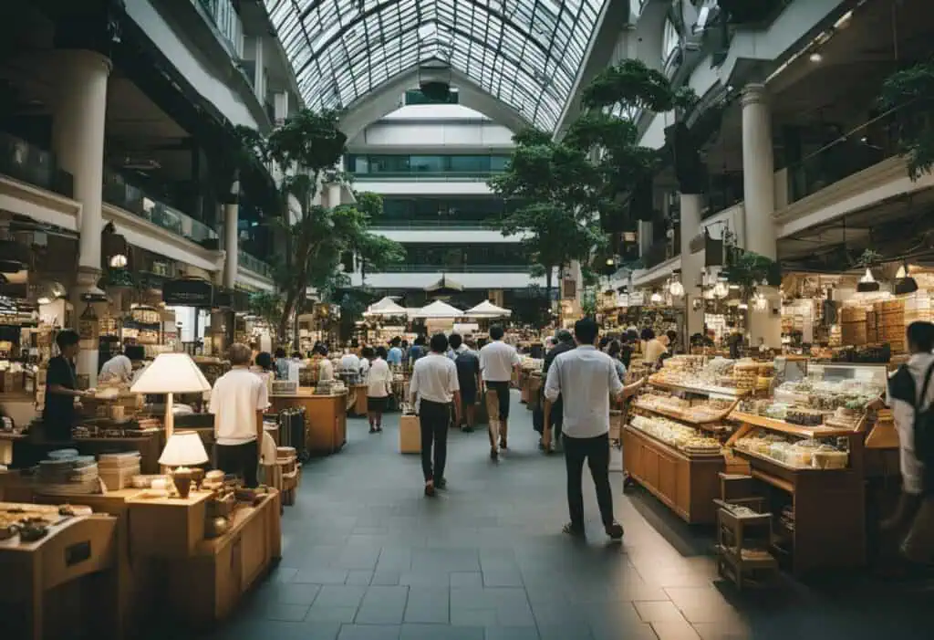 Indoor furniture market in Singapore with shoppers browsing and shopping.
