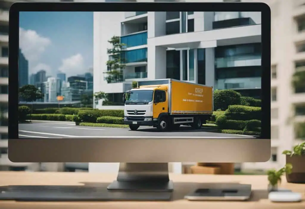 Delivery truck on a computer screen showcasing furniture delivery services.