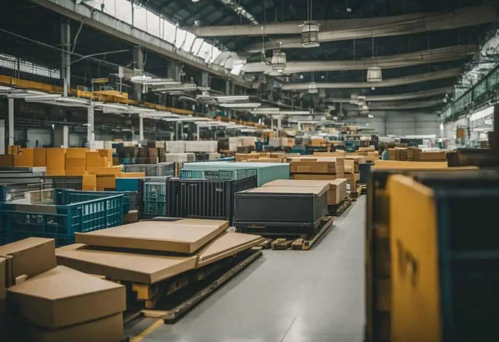 Warehouse furniture storage and packaging area with organized boxes and crates.