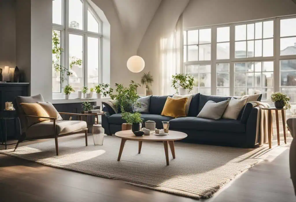 Bright living room featuring large windows, cozy sofa, and lush indoor plants for a stylish and comf.