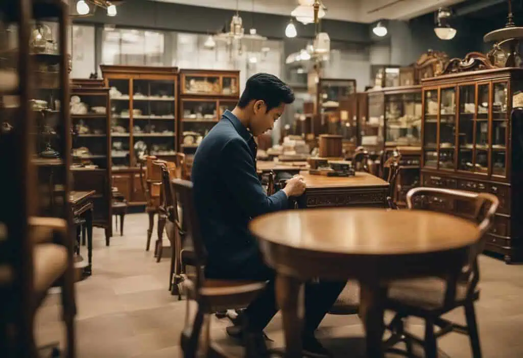 Man browsing antique furniture store in Singapore for vintage home decor.