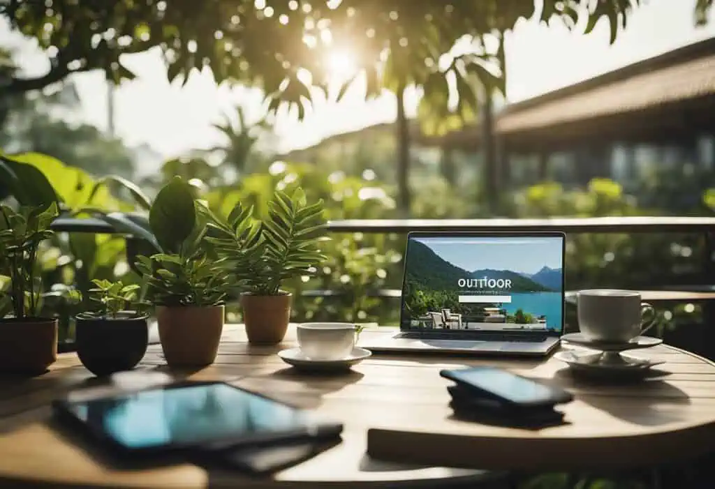 Outdoor workspace with lush greenery and a laptop for outdoor furniture inspiration.