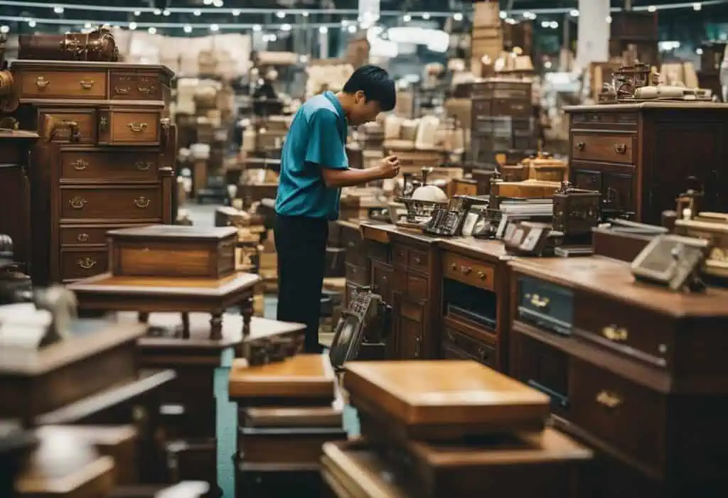 Vintage second-hand furniture store in Singapore with a customer browsing.