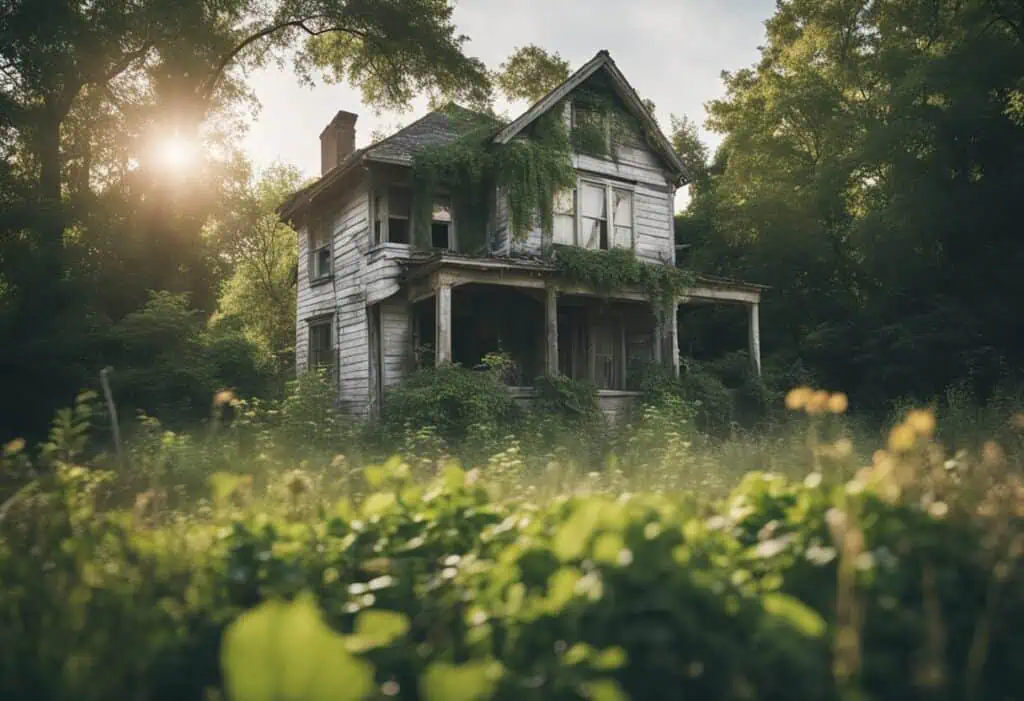 Abandoned house surrounded by lush greenery and overgrown plants, ideal for renovation and resale in.