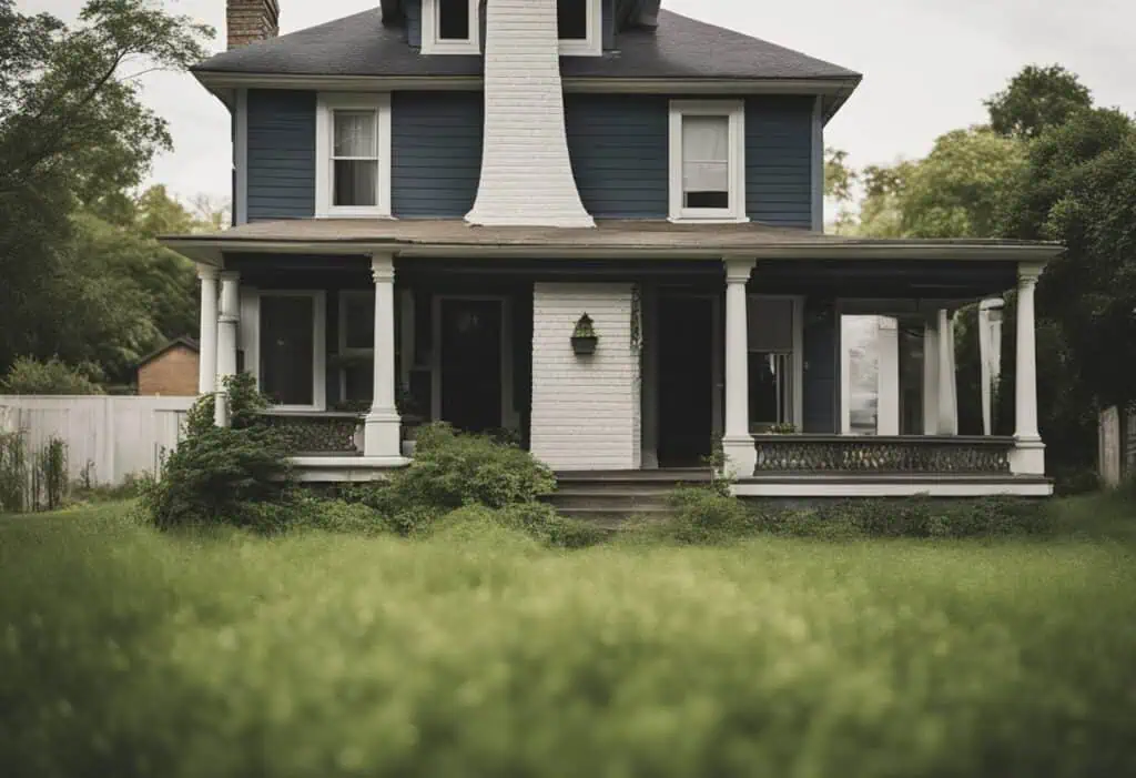 Beautiful blue Victorian home with a welcoming porch and lush green yard. Perfect for renovation and.