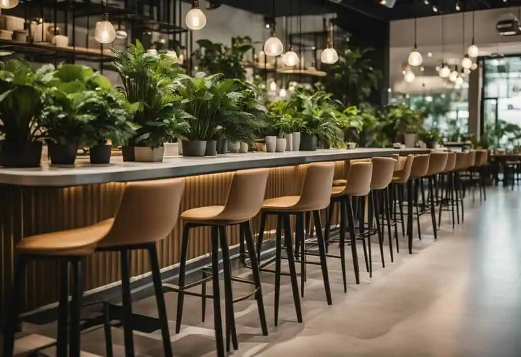 Stylish cafe bar chairs with lush plants and warm lighting create a cozy, inviting atmosphere.