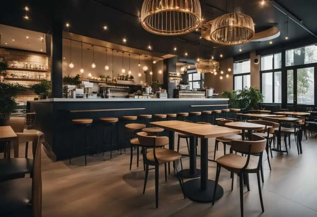 Modern cafe furniture setup with sleek tables and chairs in a contemporary space.