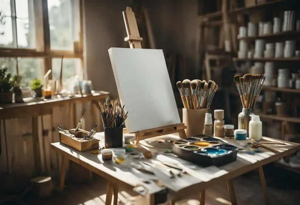 Art studio with blank canvas on easel, surrounded by brushes, paints, and art supplies in a cozy, we.