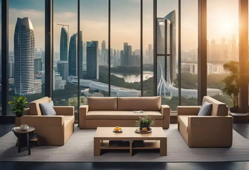 Elegant cityscape view from a contemporary living room with floor-to-ceiling windows.