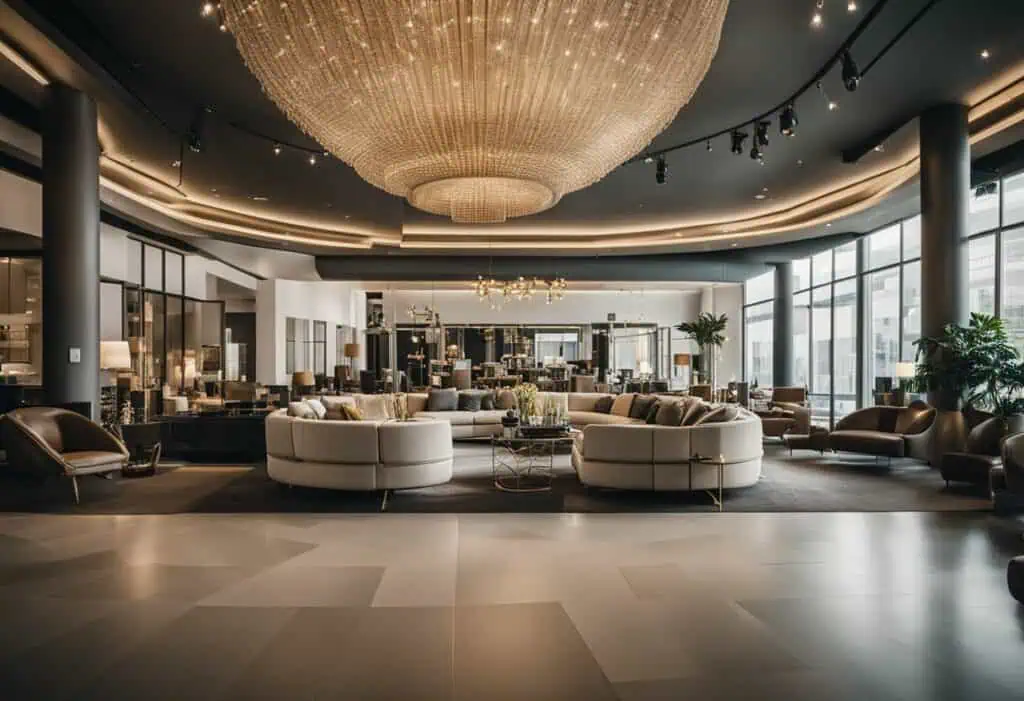 Luxurious hotel lobby featuring contemporary seating and a stunning central chandelier.