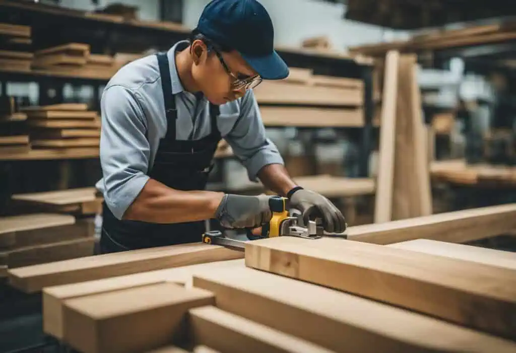Skilled carpenter shaping wood in Singapore workshop for interior design projects.