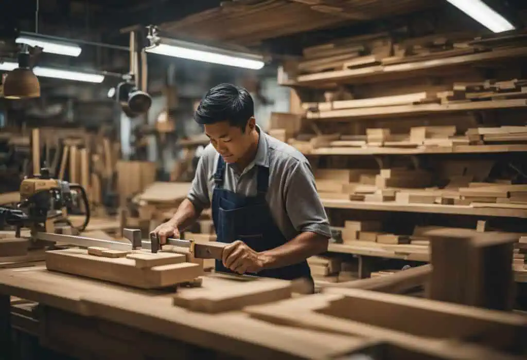 Carpenter working with wood in a Singapore woodworking shop, showcasing expert craftsmanship and qua.