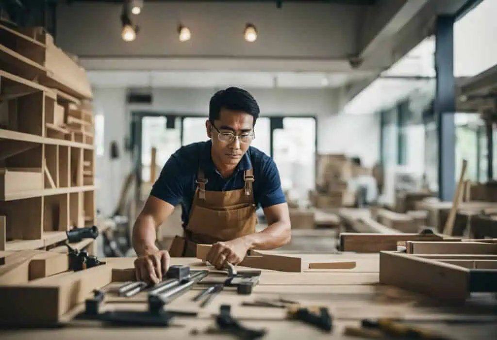 Carpenter working on custom wood furniture in Singapore workshop.
