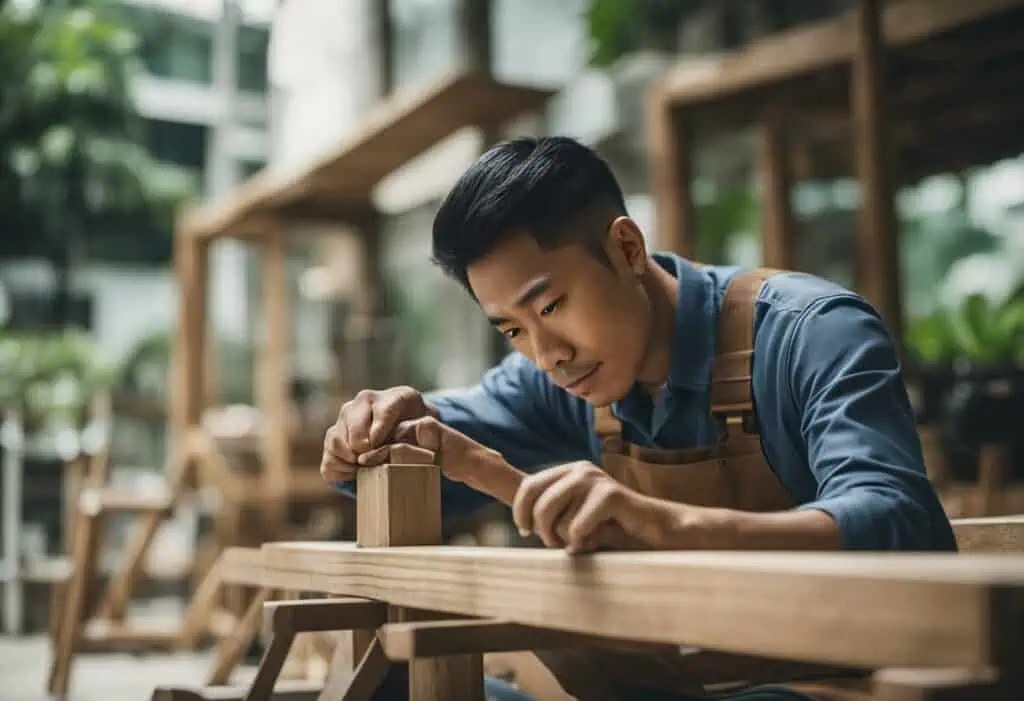 Skilled carpenter repairing furniture in Singapore workshop.