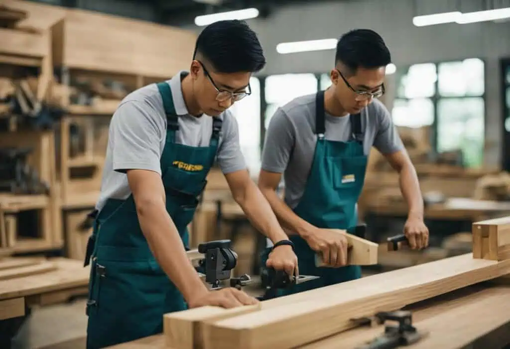 Two young men working on woodworking projects in a carpentry workshop in Singapore.