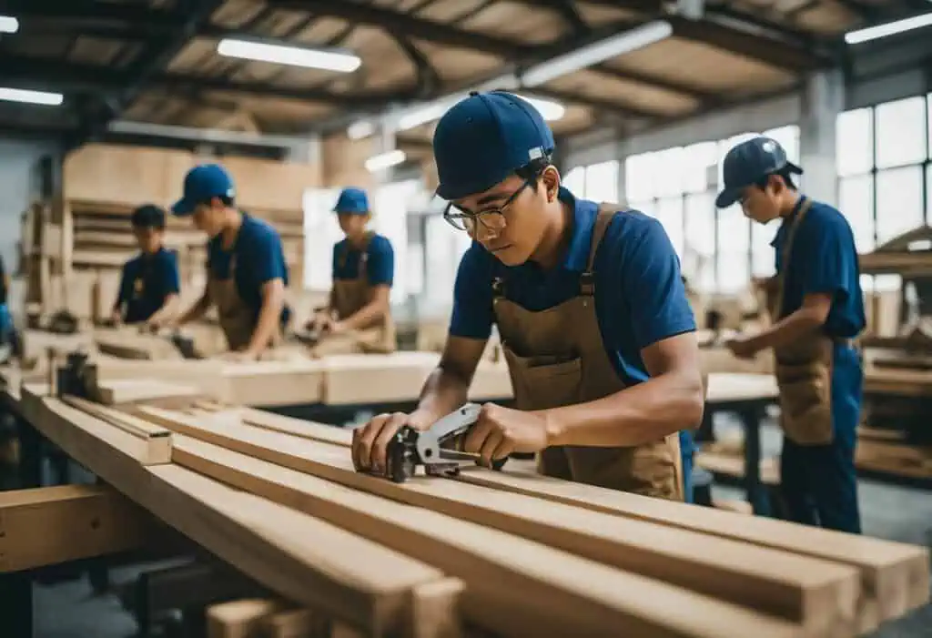 Young man woodworking in a carpentry workshop with students in background.