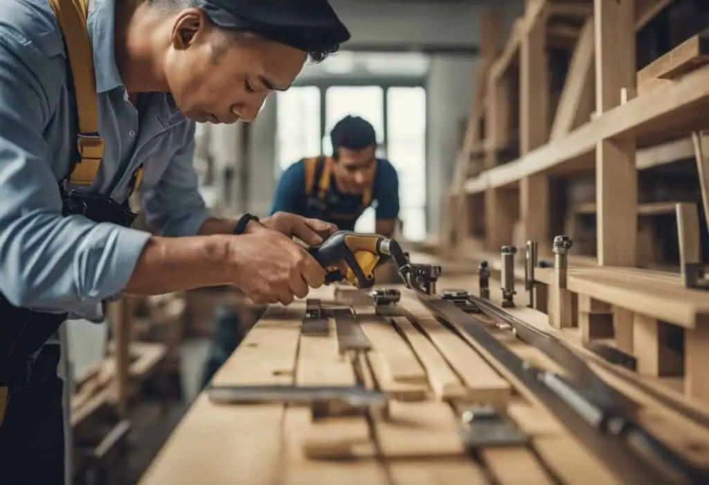 Skilled handyman performing precise carpentry tasks in a workshop setting in Singapore.