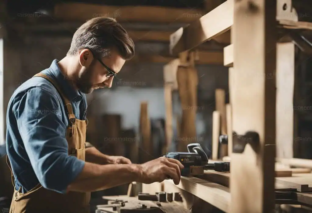 Skilled carpenter repairing woodwork in Singapore workshop.