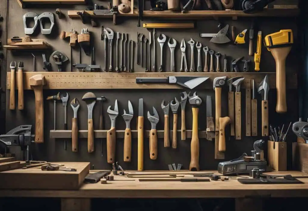 Assorted carpentry tools organized on a wall in a woodworking workshop.