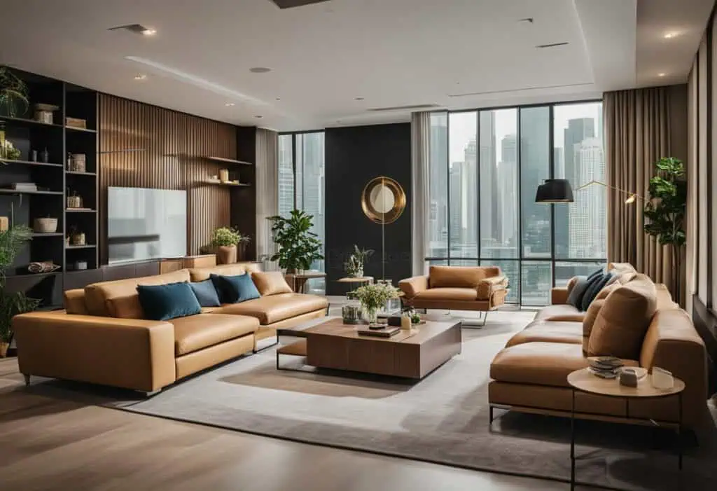Modern living room with Italian-inspired furniture, large windows, and stylish decor in Singapore.